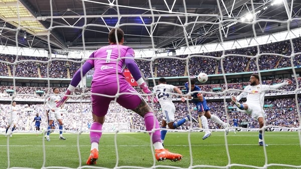 Enzo Fernandez of Chelsea scores his team's first goal during the Emirates FA Cup Semi Final match between Chelsea and Leeds United at Wembley Stadium on April 26, 2026 in London, England.