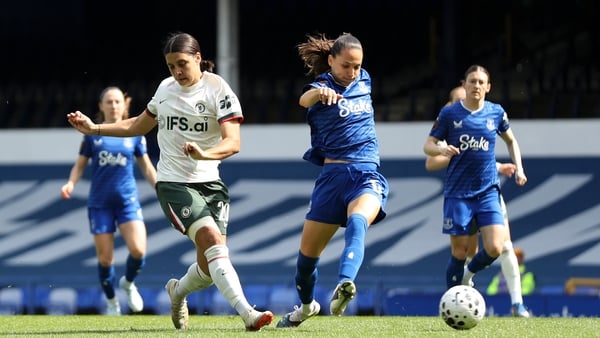 Sam Kerr of Chelsea scores her team's first goal during the Barclays Women's Super League match between Everton and Chelsea FC at Goodison Park on April 26, 2026 in Liverpool, England.