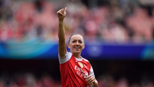 Katie McCabe of Arsenal acknowledges the fans following the UEFA Women's Champions League 2025/26 Semi-Final First Leg match between Arsenal FC and OL Lyonnes at Arsenal Stadium on April 26, 2026 in London, England.