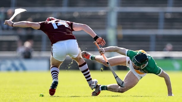 Conor Whelan of Galway in action against Ter Guinan of Offaly during the Leinster GAA Senior Hurling Championship Round 2 match between Galway and Offaly at Pearse Stadium in Galway.