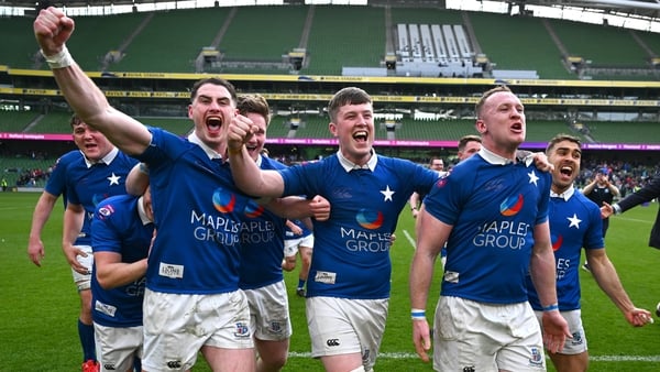 St Mary's College RFC players celebrate after the Energia Men's All-Ireland League Division 1A final match between Clontarf FC and St Mary's College RFC at the Aviva Stadium in Dublin