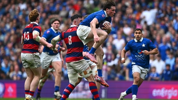 Myles Carey of St Mary's College RFC in action against Jordan Coghlan of Clontarf FC during the Energia Men's All-Ireland League Division 1A final match between Clontarf FC and St Mary's College RFC at the Aviva Stadium in Dublin. 