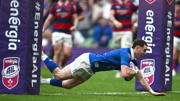 Ruairi Shields of St Mary's College RFC dives over to score his side's fourth try during the Energia Men's All-Ireland League Division 1A final match between Clontarf FC and St Mary's College RFC at the Aviva Stadium in Dublin. 