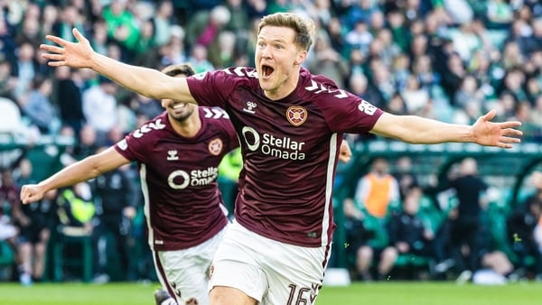 Hearts' Blair Spittal celebrates his goal to make it 2-1 during a William Hill Premiership match between Hibernian and Heart of Midlothian at Easter Road, on April 26, 2026, in Edinburgh, Scotland.