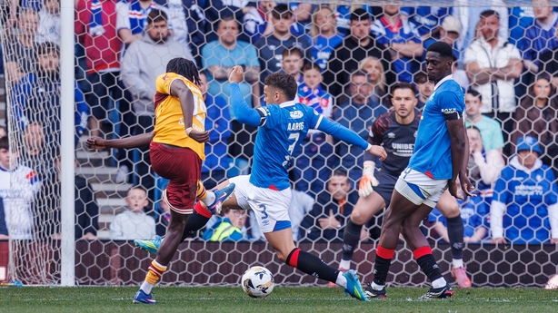 Emmanuel Longelo of Motherwell scores late winner during the William Hill Premiership match between Rangers and Motherwell at Ibrox Stadium on April 26, 2026 in Glasgow, Scotland. 