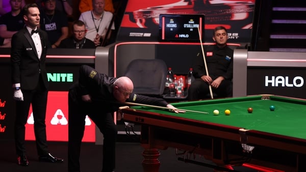 SHEFFIELD, ENGLAND - APRIL 25: John Higgins of Scotland plays a shot against Ronnie O'Sullivan of England during the second round match on day eight of the Halo World Snooker Championship at The Crucible Theatre on April 25, 2026 in Sheffield, England. (P