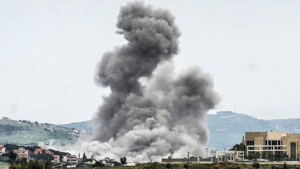 Smoke rises from targeted areas in the town of Nabatîye al-Faouqa in Lebanon’s Nabatieh Province, following an airstrike on April 26, 2026. Lebanon was drawn into the Middle East war on March 2 when Tehran-backed militant group Hezbollah launched attacks