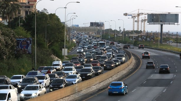 A general view of heavy traffic as Lebanese residents flee from southern Lebanon toward Beirut after the Israeli army launched new attacks despite a ceasefire on April 26, 2026, in Beirut, Lebanon. A new wave of displacement has begun from the south to the north as the Israeli army continues its att