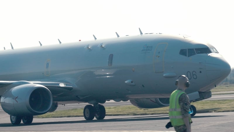 Handout grab from video dated 24/04/2026 issued by the Ministry of Defence at Joint Helicopter Command Flying Station Aldergrove, Co Antrim of a P-8 Poseidon brought to Northern Ireland for a joint exercise with the Coastguard and RNLI. Issue date: Monday