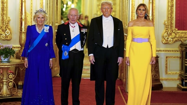 King Charles III and Queen Camilla stand with US President Donald Trump and First Lady Melania Trump arrive for the state banquet at Windsor Castle, Berkshire, on day one of the president's second state visit to the UK. Picture date: Wednesday September 17, 2025.