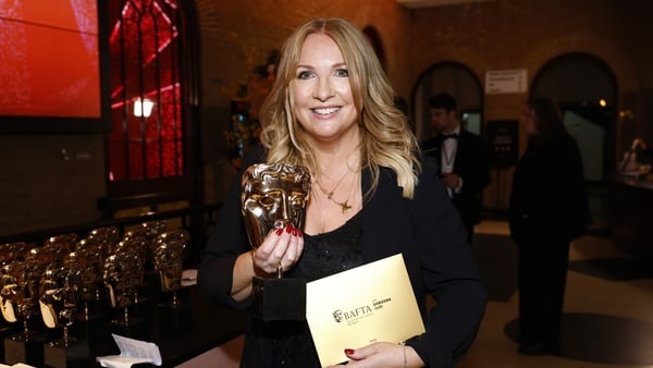 Úna Ní Dhonghaíle with the Editing: Fiction Award for 'Prisoner 951' backstage during the 2026 BAFTA Television Craft Awards