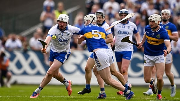 26 April 2026; Shane Bennett of Waterford is tackled by Bryan O' Mara of Tipperary during the Munster GAA Senior Hurling Championship Round 2 match between Waterford and Tipperary at Azzurri Walsh Park in Waterford. Photo by Ben McShane/Sportsfile