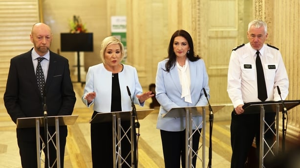 left to right are brendan mullan, michelle o'neill, emma little-pengelly and john Boutcher