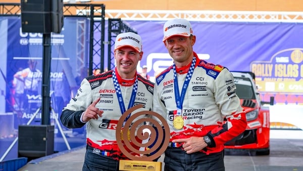 Driver Sebastien Ogier and co-driver Vincent Landais of the team Toyota Gazoo Racing WRT, Toyota GR Yaris Rally1, celebrate on the final podium during the FIA World Rally Championship WRC Rally Islas Canarias in Las Palmas, Gran Canaria, Spain, on April 2