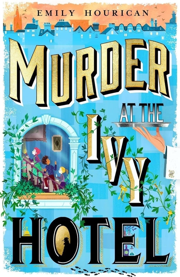 Book cover of Murder at the Ivy Hotel with art deco text on a blue background.