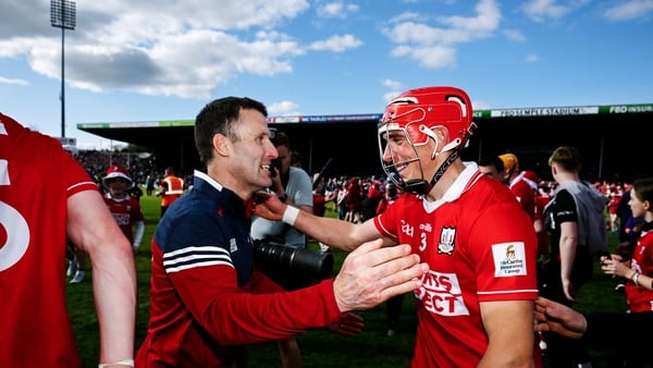 19 April 2026; Ciarán Joyce of Cork is congratulated by manager Ben O'Connor after the Munster GAA Senior Hurling Championship Round 1 match between Tipperary and Cork at FBD Semple Stadium in Thurles, Tipperary. Photo by Brendan Moran/Sportsfile