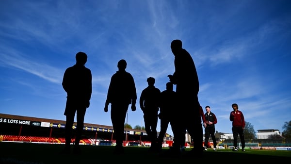 Drogheda United players inspect the pitch before the SSE Airtricity Men's Premier Division match between Shelbourne and Drogheda United at Tolka Park in Dublin.