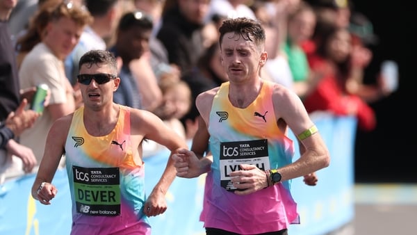 LONDON, ENGLAND - APRIL 26: Patrick Dever of Team Great Britain and Peter Lynch of Team Ireland compete during the Men's 2026 TCS London Marathon on April 26, 2026 in London, England. (Photo by Warren Little/Getty Images)