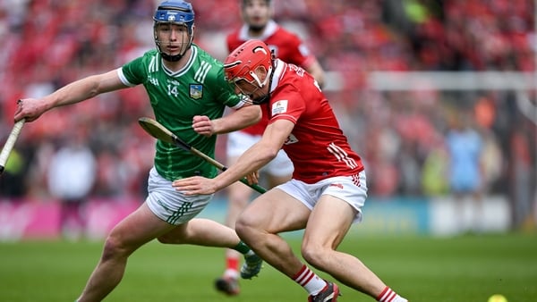 26 April 2026; Shane O'Brien of Limerick looks on as Ciarán Joyce of Cork goes down with what was later identified as an anterior cruciate ligament (ACL) injury, in the 5th minute, during the Munster GAA Senior Hurling Championship Round 2 match between C