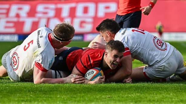 25 April 2026; Alex Kendellen of Munster scores his side's third try during the United Rugby Championship match between Munster and Ulster at Thomond Park in Limerick. Photo by Seb Daly/Sportsfile