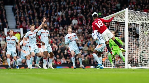 MANCHESTER, ENGLAND - APRIL 27: Casemiro of Manchester United scores their first goal during the Premier League match between Manchester United and Brentford at Old Trafford on April 27, 2026 in Manchester, England. (Photo by Ash Donelon/Manchester United