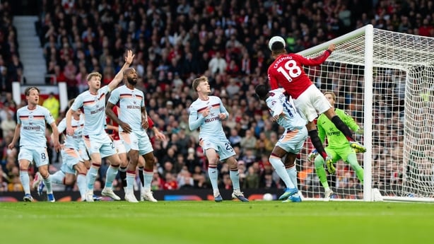 MANCHESTER, ENGLAND - APRIL 27: Casemiro of Manchester United scores their first goal during the Premier League match between Manchester United and Brentford at Old Trafford on April 27, 2026 in Manchester, England. (Photo by Ash Donelon/Manchester United via Getty Images)