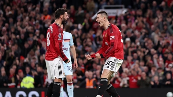 MANCHESTER, ENGLAND - APRIL 27: Benjamin Sesko of Manchester United celebrates scoring his team's second goal with teammate Bruno Fernandes during the Premier League match between Manchester United and Brentford at Old Trafford on April 27, 2026 in Manche