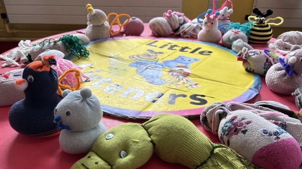 Toys made by pupils at Lissenhall National School in Co Tipperary are pictured around a sign which says 'Little Listeners'