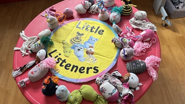 Toys made by pupils at Lissenhall National School in Co Tipperary are pictured around a sign which says 'Little Listeners'