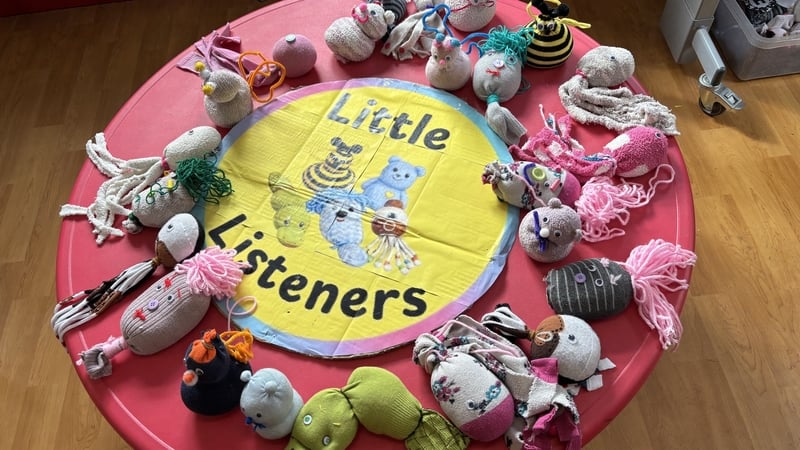Toys made by pupils at Lissenhall National School in Co Tipperary are pictured around a sign which says 'Little Listeners'