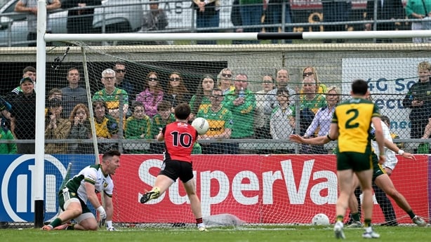 26 April 2026; Miceal Rooney of Down, 10, scores his side's third goal during the Ulster GAA Football Senior Championship quarter-final match between Donegal and Down at O'Donnell Park in Letterkenny, Donegal. Photo by Ramsey Cardy/Sportsfile