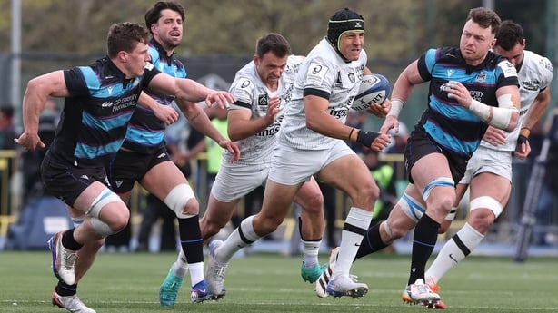 GLASGOW, SCOTLAND - APRIL 11: Juan Ignacio Brex of Toulon breaks with the ball to score their final try during the Investec Champions Cup match between Glasgow Warriors and RC Toulon at Scotstoun Stadium on April 11, 2026 in Glasgow, Scotland. (Photo by David Rogers/Getty Images)