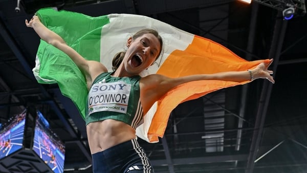 Kate O'Connor of Ireland celebrates winning bronze in the Women's Pentathlon during day three of the World Athletics Indoor Championships at Kujawsko-Pomorska Arena in Torun, Poland.