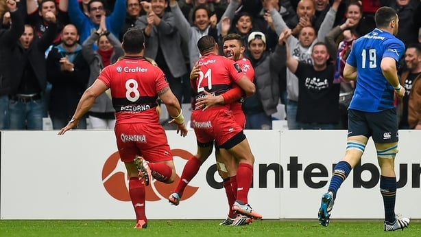 19 April 2015; Bryan Habana, Toulon, celebrates with team-mate Rudi Wulf, 21, after scoring their side's only try. European Rugby Champions Cup Semi-Final, RC Toulon v Leinster. Stade V�lodrome, Marseilles, France. Picture credit: Brendan Moran / SPORTSFILE