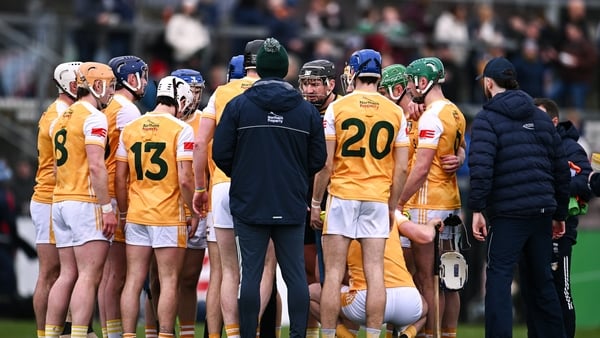 1 March 2026; Antrim players huddle before the Allianz Hurling League Division 1B match between Antrim and Dublin at Corrigan Park in Belfast. Photo by Ben McShane/Sportsfile