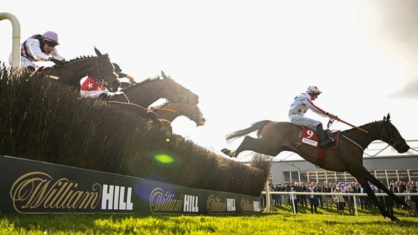 Western Fold, with Jack Kennedy up, jump the last on their way to winning the Dooley Insurance Group Champion Novice Chase on day one of the Punchestown Festival at Punchestown Racecourse in Kildare.