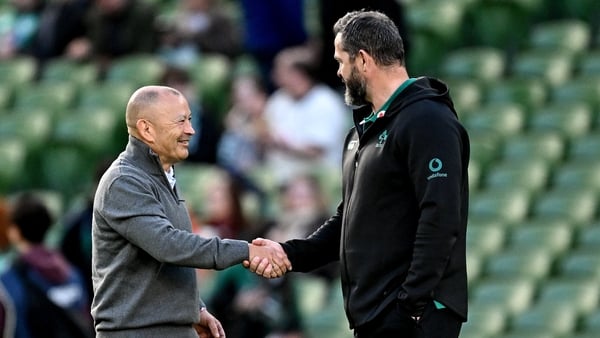 8 November 2025; Japan head coach Eddie Jones and Ireland head coach Andy Farrell before the Quilter Nations Series 2025 match between Ireland and Japan at the Aviva Stadium in Dublin. Photo by Seb Daly/Sportsfile