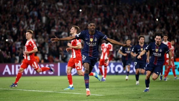 Ousmane Dembele of Paris Saint-Germain celebrates scoring his team's third goal from the penalty spot during the UEFA Champions League 2025/26 Semi Final First Leg match between Paris Saint-Germain and FC Bayern München at Parc des Princes on April 28, 20