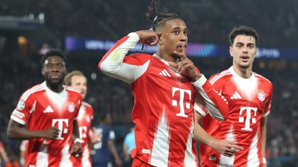 Michael Olise of FC Bayern Munich celebrates scoring his team's second goal during the UEFA Champions League 2025/26 Semi Final First Leg match between Paris Saint-Germain and FC Bayern München at Parc des Princes on April 28, 2026 in Paris, France. 