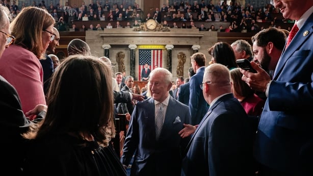 Britain's King Charles is greeted by attendees after addressing a Joint Meeting of Congress in Washington, DC
