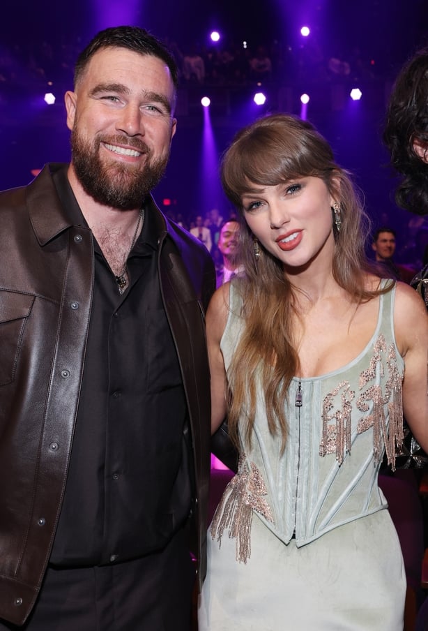 LOS ANGELES, CALIFORNIA - MARCH 26: (FOR EDITORIAL USE ONLY) (L-R) Travis Kelce and Taylor Swift attend the 2026 iHeartRadio Music Awards at Dolby Theatre on March 26, 2026 in Los Angeles, California. (Photo by Kevin Mazur/Getty Images for iHeartRadio)