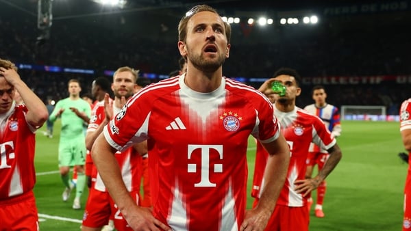PARIS, FRANCE - APRIL 28: Harry Kane of Bayern Munich reacts at full-time following the UEFA Champions League 2025/26 Semi Final First Leg match between Paris Saint-Germain and FC Bayern München at Parc des Princes on April 28, 2026 in Paris, France. (Pho