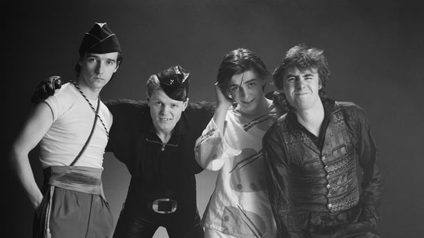Rich Kids (singer and guitarist Midge Ure, drummer Rusty Egan, guitarist Steve New (1960-2010) and bassist Glen Matlock), British New Wave band, pose for a group studio portrait, 1978. (Photo by Fin Costello/Redferns/Getty Images)