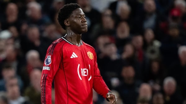 MANCHESTER, ENGLAND - APRIL 27: Kobbie Mainoo of Manchester United in action during the Premier League match between Manchester United and Brentford at Old Trafford on April 27, 2026 in Manchester, England. (Photo by Ash Donelon/Manchester United via Gett