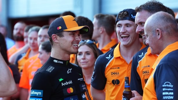 Race winner Lando Norris of Great Britain and McLaren Alexander Dunne of Ireland and McLaren and the McLaren team celebrate during the F1 Grand Prix of Austria at Red Bull Ring on June 29, 2025 in Spielberg, Austria.