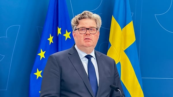 STOCKHOLM, SWEDEN - JANUARY 30: Swedish Justice Minister Gunnar Strommer and Swedish Prime Minister Ulf Kristersson (not seen) make statements to the press following Salwan Momika, known for publicly burning copies of the Holy Quran, was shot dead in his