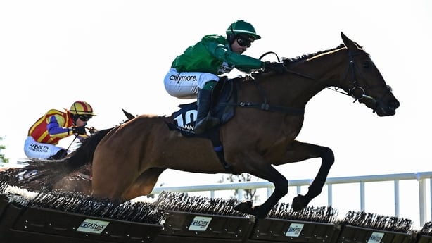 Le Frimeur, with JJ Slevin up, jump the last on their way to winning the Channor Real Estate Group Novice Hurdle during day two of the Punchestown Festival at Punchestown Racecourse in Kildare. 