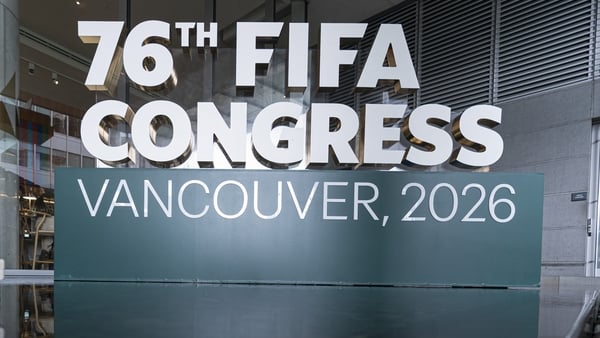 A sign welcomes guests at the Fairmont Pacific Rim hotel, one of the sites for the 76th FIFA Congress on April 27, 2026 in Vancouver, Canada.