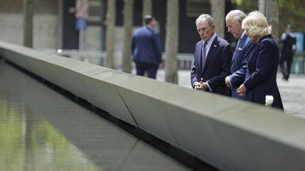 King Charles III and Queen Camilla, alongside former Mayor of New York City Michael Bloomberg, visit the 9/11 Memorial during a state visit