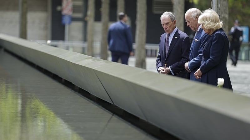King Charles III and Queen Camilla, alongside former Mayor of New York City Michael Bloomberg, visit the 9/11 Memorial during a state visit